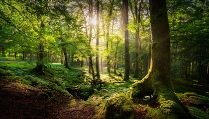 Naklejka premium A Lush Green Forest With A Bright Sun Shining Through The Trees The Sunlight Creates A Warm And Inviting Atmosphere