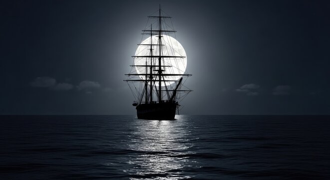 Silhouette of a Ship at Sea Under Full Moon