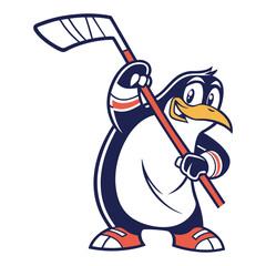 Cute Cartoon Penguin Playing Ice Hockey Vector Illustration 