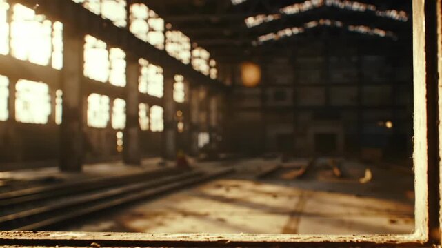 Abandoned industrial interior with bright sunlight and blowing dust particles, creating a gritty atmosphere, old factory setting, industrial, dust, sunlight, building, interior