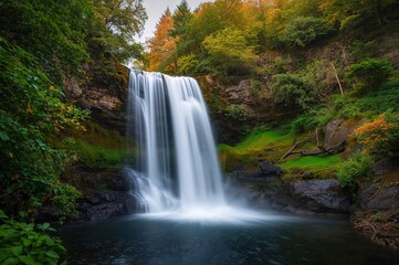 Scenic View of a Tall Waterfall Flowing into a Stream