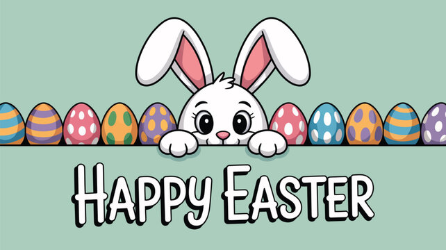 A cheerful easter bunny peeks over a row of colorful easter eggs, wishing everyone a happy easter on a light green background