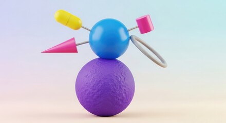 Whimsical 3d render of stacked colorful geometric shapes forming a playful character