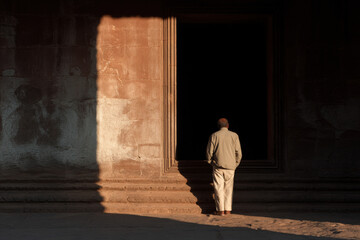 elderly man stands in contemplation before ancient church reminiscing about his youth