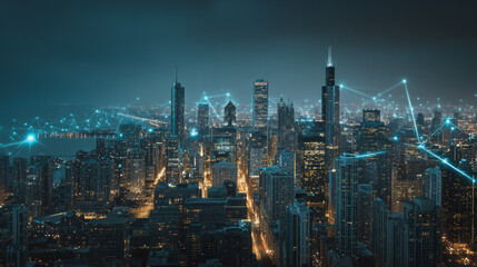 Fototapeta premium Night lights, a city of modern business and smart digital innovation with a network of interconnected rewards over the cityscape of the future smart wireless digital city and social media network 