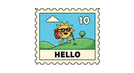 Cute cartoon sun character on a postage stamp.