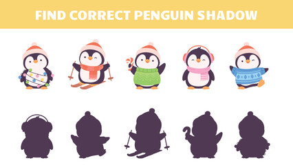 Children educational play with christmas funny penguins. Cute penguin with garland, sweets, wear santa hat. Winter holiday kids game vector template