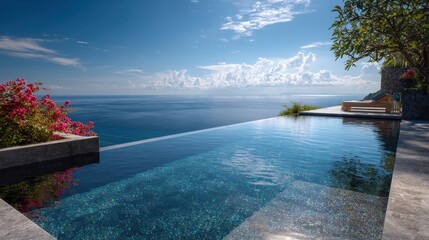 Fototapeta premium Serene infinity pool at a luxury resort with a lounge chair, pink flowers, and a panoramic ocean view.
