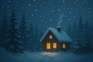 Cozy cabin in snowy forest.