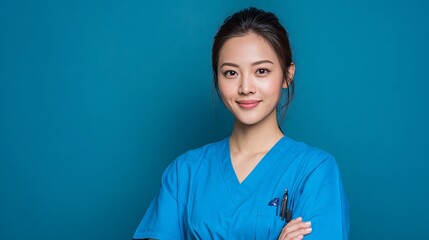 Adult asian woman is wearing a medical uniform posing at camera, blue banner with copy space for text