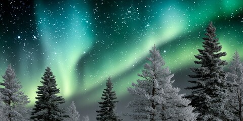 Breathtaking view of green aurora borealis illuminating snow-covered trees in a winter night sky