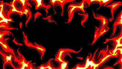 Pixel art frame made of flames in red, orange and yellow tones with dark empty center © Derter
