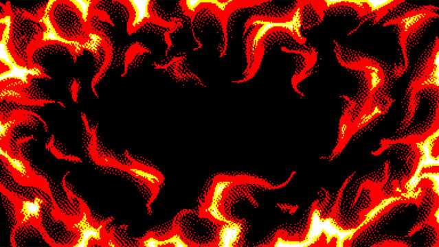 Pixel art frame made of flames in red, orange and yellow tones with dark empty center
