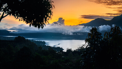 Batur lake on Bali sunset sky view