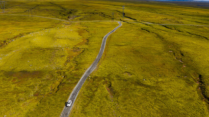 Aerial View of Gravel Road Through Moss Covered Icelandic Terrain