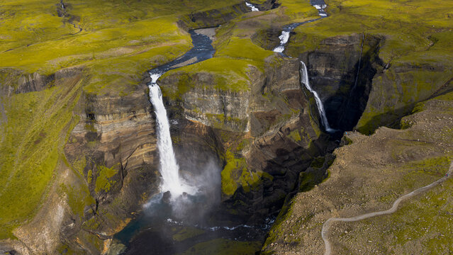 Aerial View of Haifoss and Granni Waterfalls in Iceland's Canyon