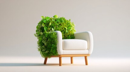 Neutral composition of interior with white armchair, with green plants in design