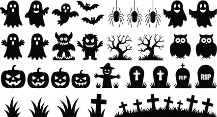 Halloween spooky silhouette icons including ghosts, bats, spiders, monsters, pumpkins, scarecrows, owls, trees, graves, crosses, grass, tombstones, creepy Halloween symbols