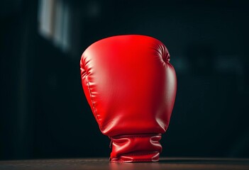 Close-up of a single red boxing glove, leather texture visible, sports equipment, fight night