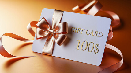 Gift card with bow and ribbon on golden background  