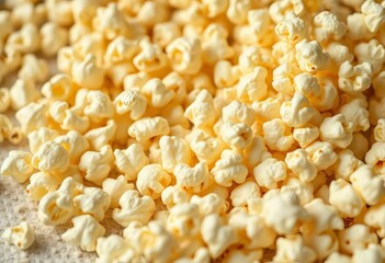 Close-up of buttery popcorn, kernels scattered on a lap,   crispy,   grain