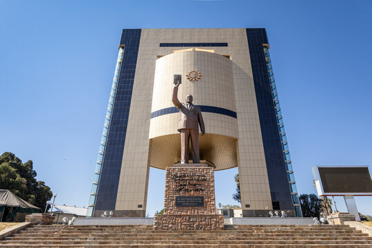Windhoek, Namibia - August 9, 2025: The Independence Memorial Museum and Dr. Sam Nujoma statue