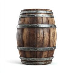 Obraz premium Full, wooden barrel, rich brown hue, metal bands encircling, isolated on white