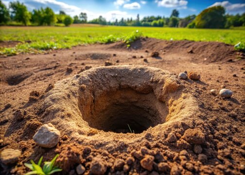 A freshly dug gopher hole in the ground with exposed dirt and earth surrounding it - Powered by Adobe