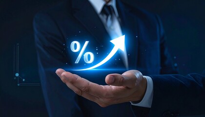 Entrepreneur presenting financial growth with percentage symbols and up arrows