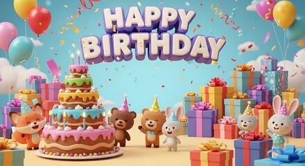 Happy Birthday Celebration with Animals and Gifts.