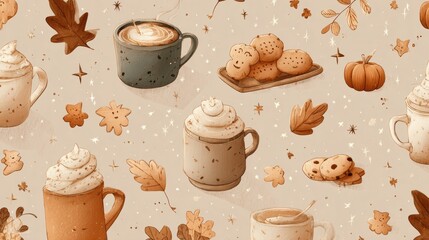 A cozy cartoon design in warm tones of autumn or fall. Coffee cup with cookies