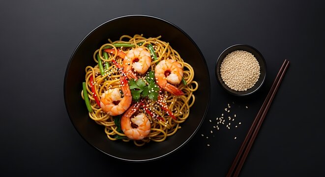 Delicious Shrimp Noodles with Vegetables. - Powered by Adobe