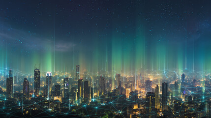 Fototapeta premium Night lights, a city of modern business and smart digital innovation with a network of interconnected rewards over the cityscape of the future smart wireless digital city and social media network 