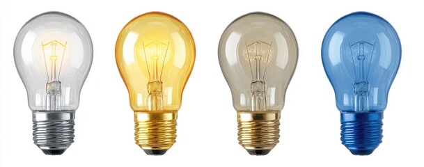 Four incandescent light bulbs in varying translucent colors against a white background