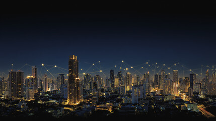 Obraz premium Night lights, a city of modern business and smart digital innovation with a network of interconnected rewards over the cityscape of the future smart wireless digital city and social media network 