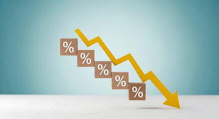 Declining interest rates and financial downturn shown by percentage blocks and a yellow downward arrow graph