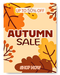 Autumn Sale Backgrounds with Leaves and Berries, Promotion, Marketing, Discount, Shopping, Banner, 50% off, Vector Illustration