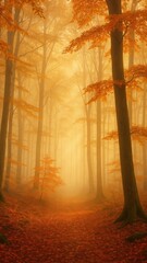 Misty autumn forest path serenity.