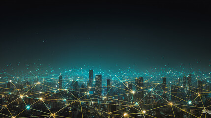 Fototapeta premium Night lights, a city of modern business and smart digital innovation with a network of interconnected rewards over the cityscape of the future smart wireless digital city and social media network 