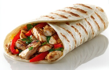 Grilled chicken and bell pepper wrap on a white background