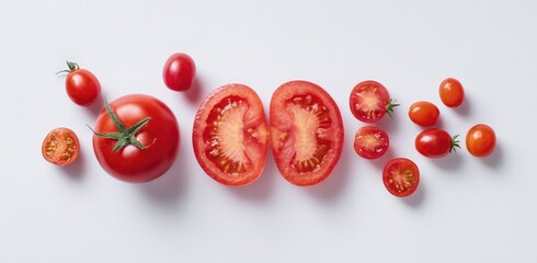 Fresh, sliced tomatoes arranged on a white background.  Colorful, juicy, and vibrant red tomatoes in various cuts, showcasing their textures and details