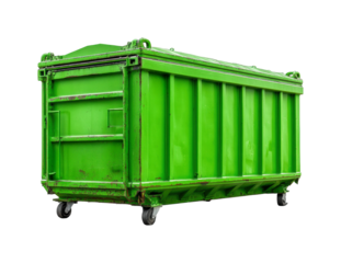 Waste management green dumpster in urban environment industrial side view isolated on transparent background, png