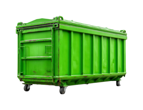 Waste management green dumpster in urban environment industrial side view isolated on transparent background, png