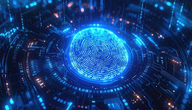 Glowing Blue Fingerprint Circuit Board Pattern with Tech Background