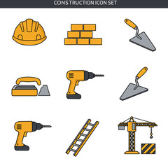 Set of flat line construction industry icons featuring tools and building equipment vector art