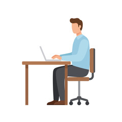 Young businessman or freelancer character sitting at a desk and typing on a laptop computer