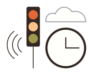 Traffic signal with sound waves, analog clock, and cloud depicting time management, weather, communication, urban planning. Ideal for transportation, technology, scheduling signal systems
