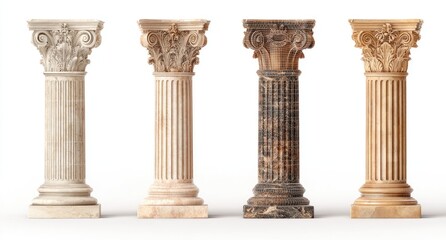 Four classical columns, varying in marble tones, stand on a white background.  Ornate capitals and bases adorn each