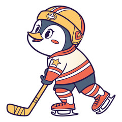 Adorable Cartoon Penguin Playing Ice Hockey Illustration 