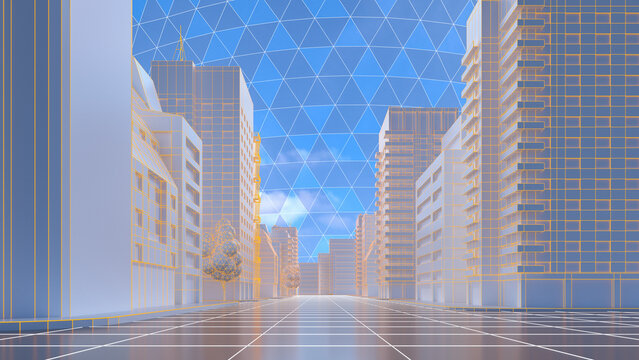 Futuristic virtual city in metaverse with 3D rendering and glass dome